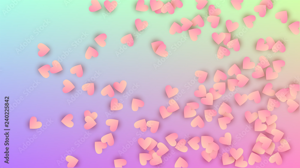 Valentine's Day Background. Many Random Falling Red Hearts on Hologram Backdrop. Card Template. Heart Confetti Pattern. Vector Valentine's Day Background.