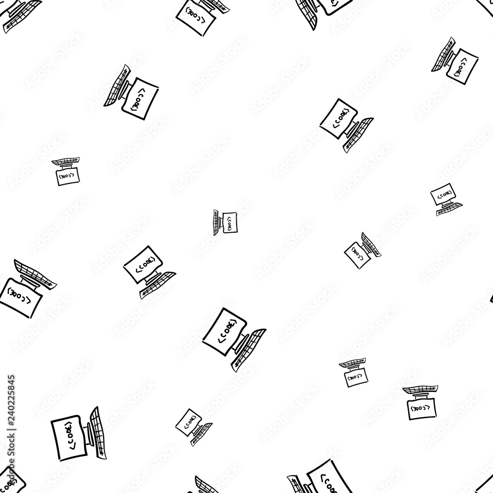 Seamless pattern of computer icons with software code. Children s drawing doodle Seamless pattern of computer icons with software code. Children s drawing doodle