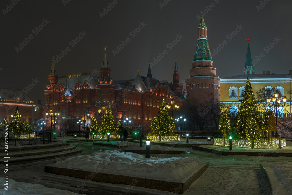 Night view of the Moscow Kremlin and Christmas trees in the lights