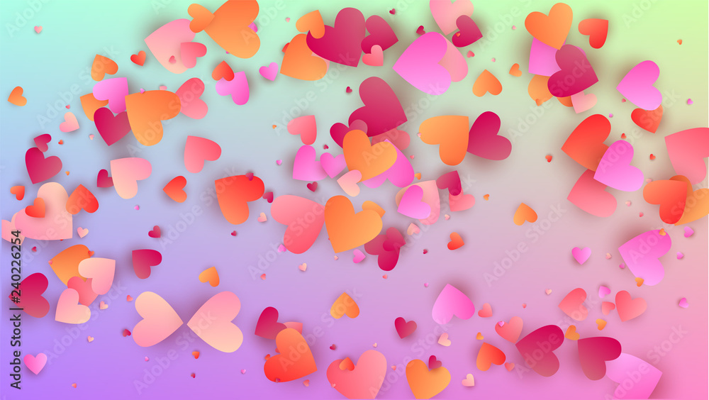 Valentine's Day Background. Heart Confetti Pattern. Poster Template. Many Random Falling Pink Hearts on Hologram Backdrop. Vector Valentine's Day Background.