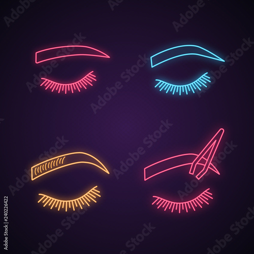 Eyebrows shaping neon light icons set