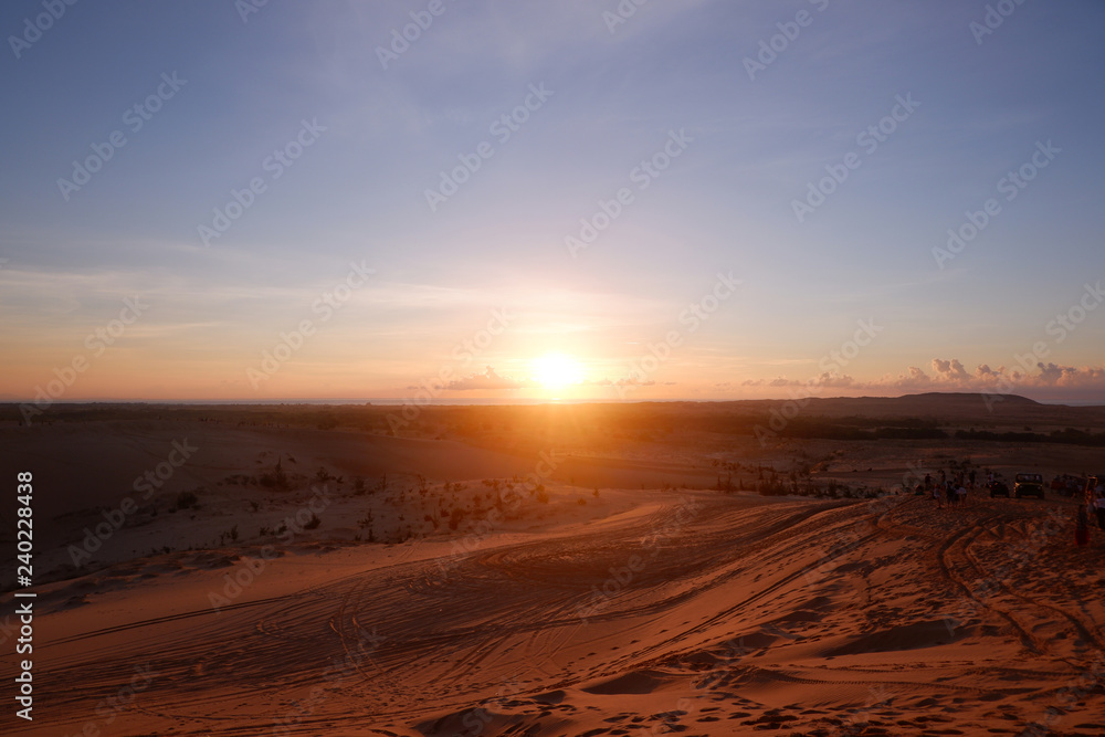 Sunrise in desert,  white sand dune in Mui Ne, Vietnam Southeast Asia
