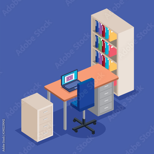 office workplace with desk and laptop scene