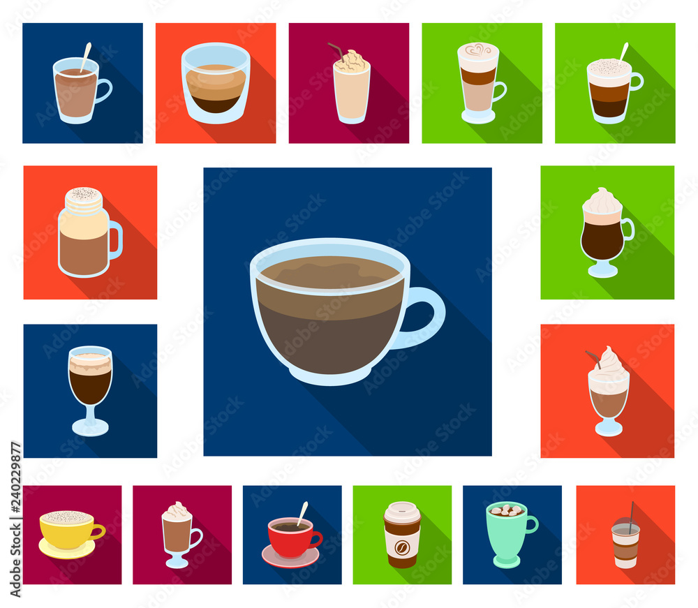 Different kinds of coffee flat icons in set collection for design. Coffee drink vector symbol stock web illustration.