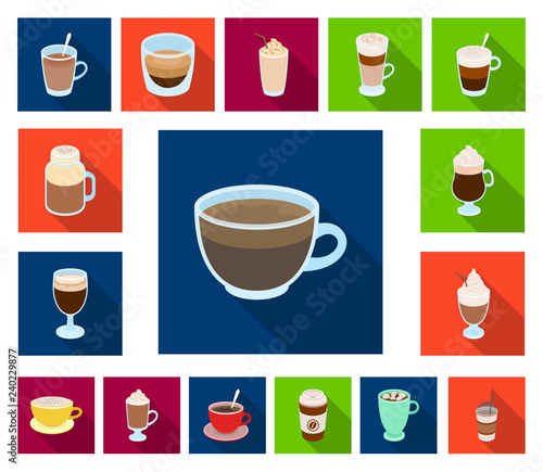 Different kinds of coffee flat icons in set collection for design. Coffee drink vector symbol stock web illustration.