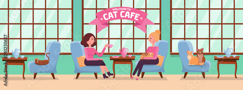 Fb Cover horizontal Web Banner Social Media Design Welcome to cat cafe Template. Interior with big windows, woman. Spending time with pet. Interior with large windows. Flat cartoon vector illustration