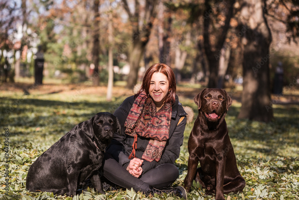 Lovely girl playing with dogs outdoor Lovely girl playing with dogs outdoor