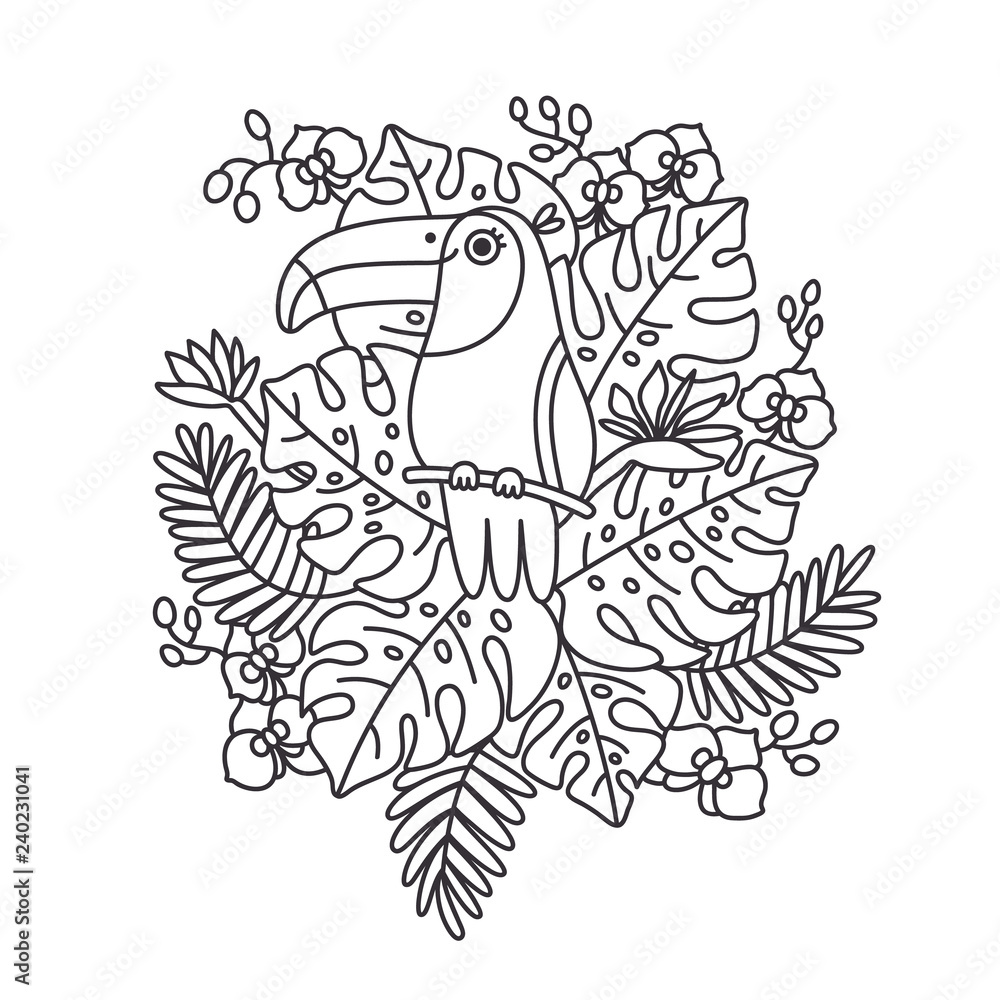 Premium Vector  Tucan and flower coloring page for adults