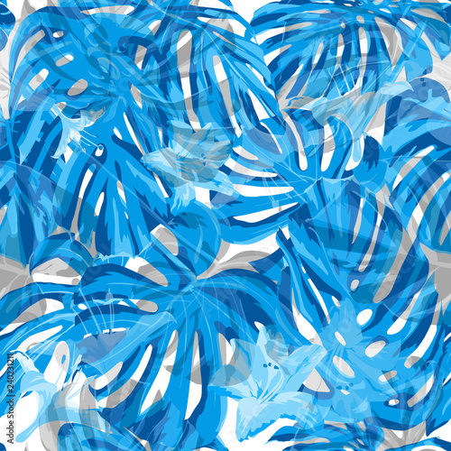 Tropical Flowers. Exotic Palm Greenery Backdrop. Seamless Illustration. Summer Design for Swimwear. Tropical Flowers and Leaves.