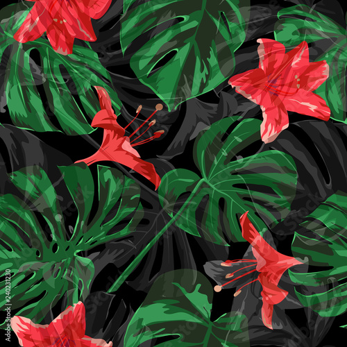 Hawaiian Flowers.  Exotic Palm Greenery Backdrop. Summer Design for Swimwear. Repeat Illustration. Hawaiian Flowers and Leaves.