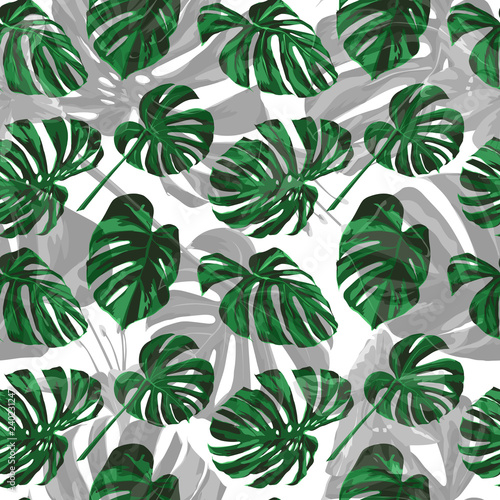 Tropical Flowers. Repeatable Illustration. Summer Design for Swimwear. Exotic Palm Greenery Backdrop. Tropical Flowers and Leaves.