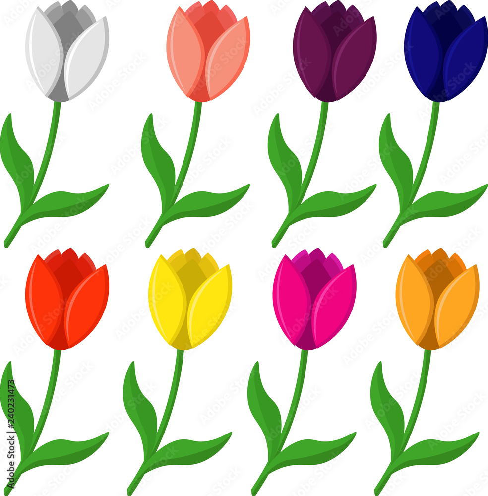Vector set of tulips: red, orange, yellow, white, blue, lilac.