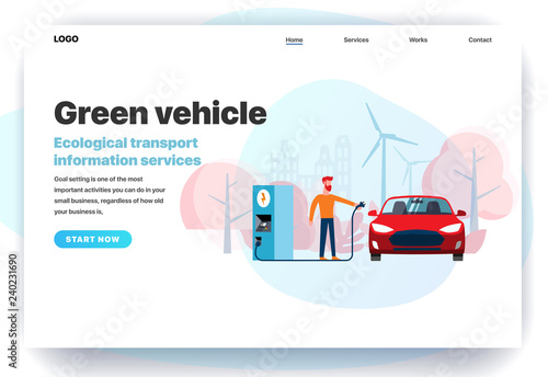 Web page design templates for green vehicle, ecological transport Information services, car rental, fueling cars. Modern vector illustration concepts for website and mobile website development