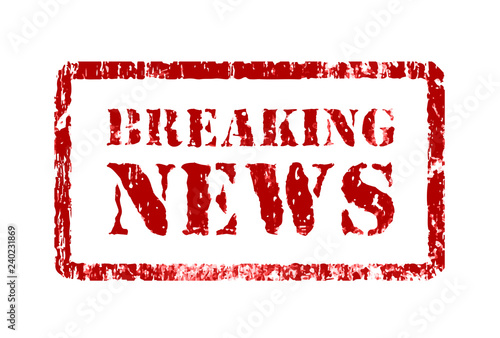 Stamp breaking news in grunge style, vector illustration on white. Can be placed in multiply mode on your design.