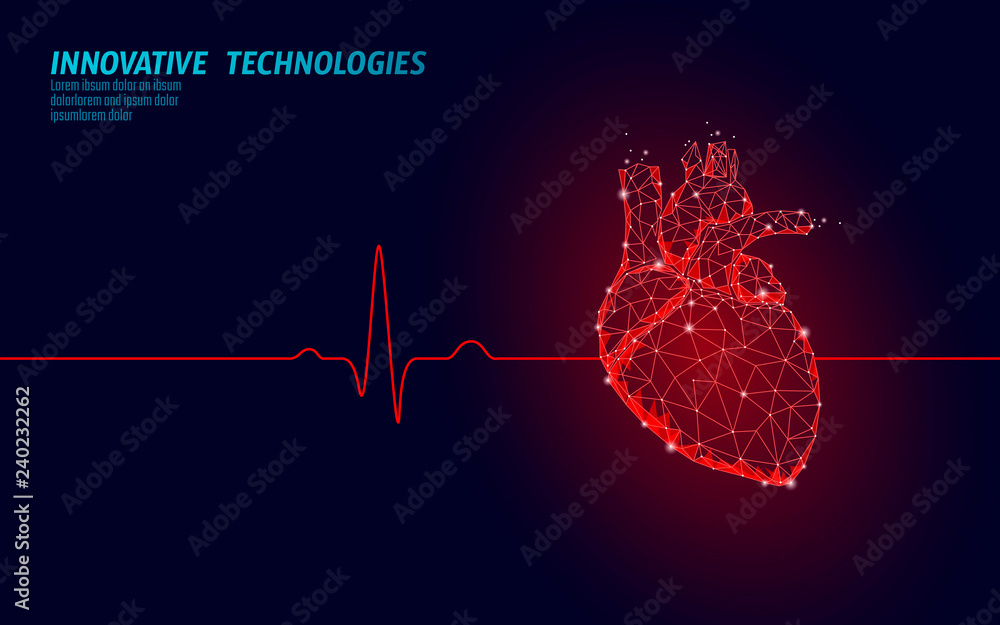 salvie lide retfærdig Healthy human heart beats 3d medicine model low poly. Triangle connected  dots glow point red background. Pulse internal body modern anatomical shape  innovative technology render vector illustration Stock Vector | Adobe Stock