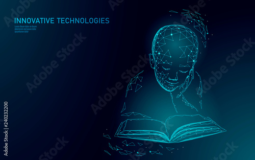 Machine learning 3D low poly technology business concept. Neural network artificial intelligence cyborg child boy shape. Polygonal training data mining system analytics vector illustration