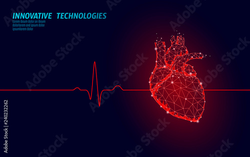 Healthy human heart beats 3d medicine model low poly. Triangle connected dots glow point red background. Pulse internal body modern anatomical shape innovative technology render vector illustration