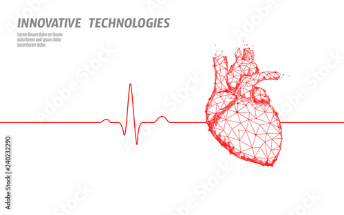 Healthy human heart beats 3d medicine model low poly. Triangle connected dots glow point red background. Pulse internal body modern anatomical shape innovative technology render vector illustration