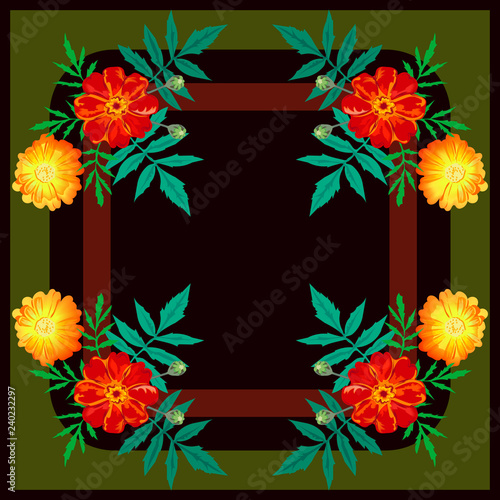 Vector bright floral pattern  yellow flowers of the calendula medicinal plant and maroon marigolds of taghetis on a black background for the design of a scarf  hijab