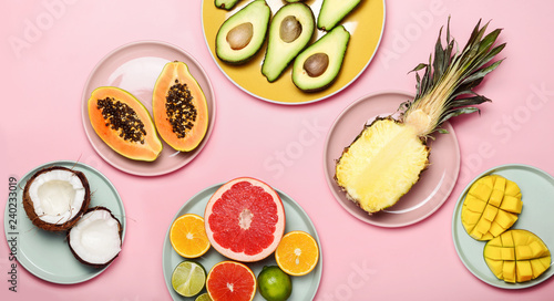 Fototapeta Naklejka Na Ścianę i Meble -  Tropical fruits minimal table setting