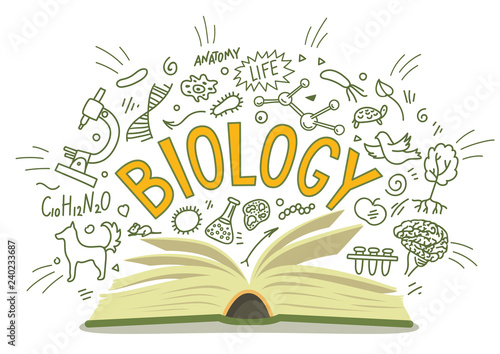 Biology. Open book with doodles with lettering. 