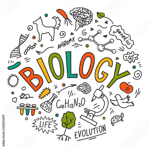 Biology. Hand drawn doodles with lettering. 