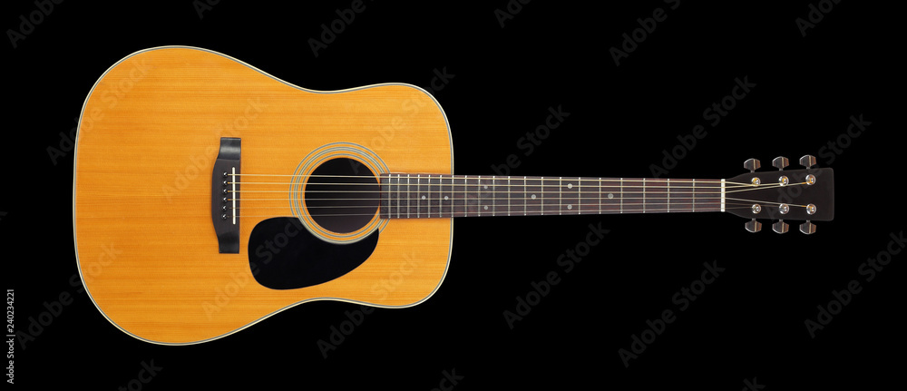 Obraz premium Instrument muzyczny - widok z przodu klasyczna gitara akustyczna w stylu vintage. Na białym tle czarne tło