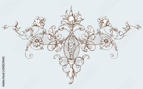 Vintage decorative element engraving with Baroque ornament