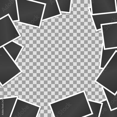 Composition, border of realistic black photo frames on transparent background. Mock ups for design. Vector illustration