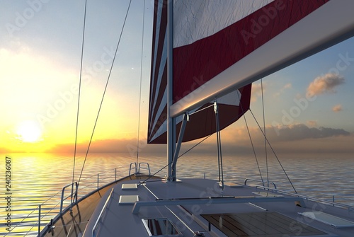 Sailing lboat at open sea towards sunset 3d illustration © elenaed