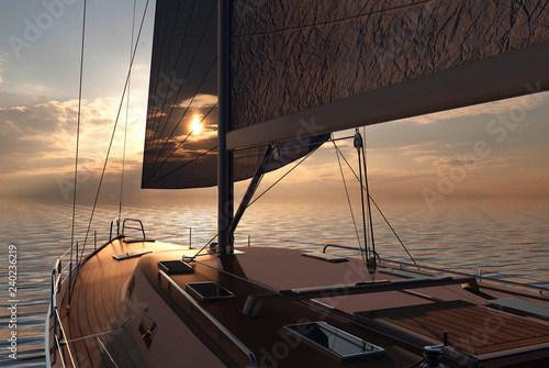 Sailing lboat at open sea towards sunset 3d illustration