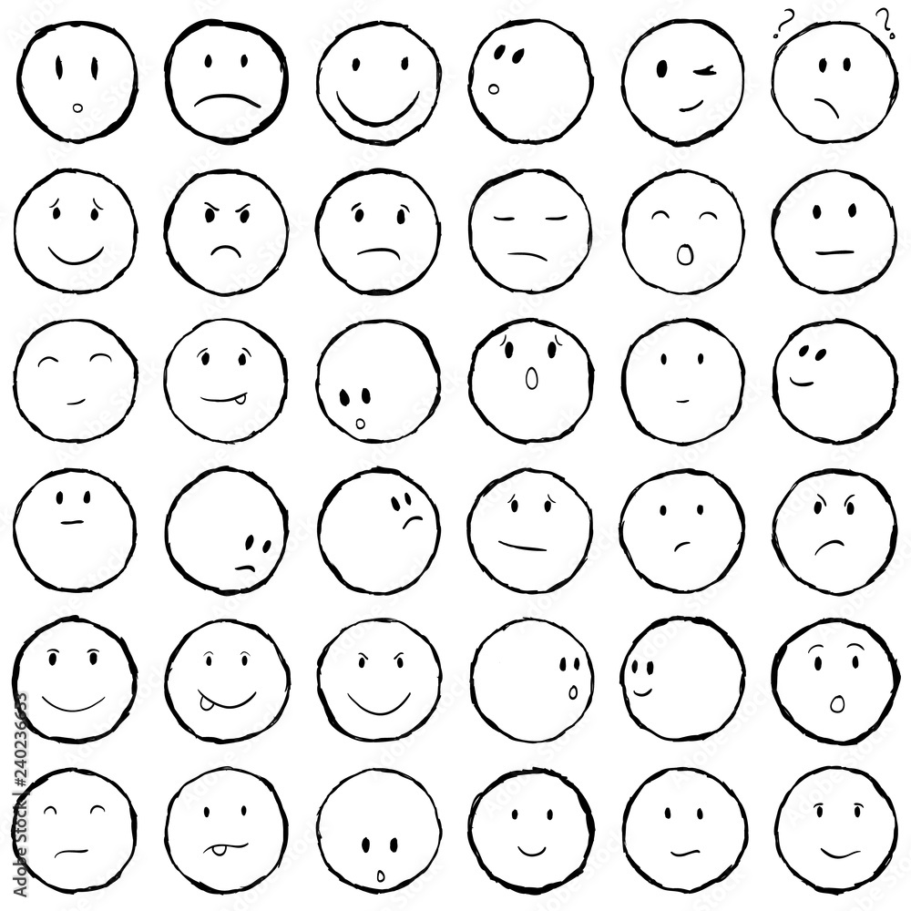 Smiley faces collection in hand drawn technique and grunge style set isolated on white. Smiley faces collection in hand drawn technique and grunge style set isolated on white.