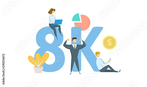 8K likes, followers online social media banner. Concept with keywords, letters, and icons. Colored flat vector illustration. Isolated on white background.