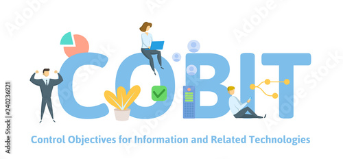 COBIT, Control Objectives for Information and Related Technologies. Concept with keywords, letters and icons. Colored flat vector illustration. Isolated on white background.