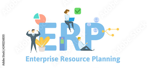 ERP, enterprise resource planning. Concept with keywords, letters and icons. Colored flat vector illustration. Isolated on white background.