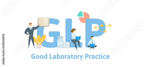 GLP, Good Laboratory Practice. Concept with keywords, letters and icons. Colored flat vector illustration. Isolated on white background.