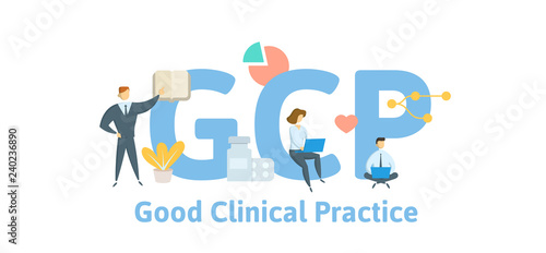GCP, Good Clinical Practice. Concept with keywords, letters and icons. Colored flat vector illustration. Isolated on white background.