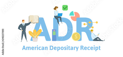 ADR, American depositary receipt. Concept with keywords, letters and icons. Colored flat vector illustration. Isolated on white background.