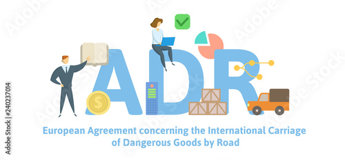 ADR, European Agreement concerning the International Carriage of Dangerous Goods by Road. Concept with keywords, letters and icons. Colored flat vector illustration. Isolated on white background.
