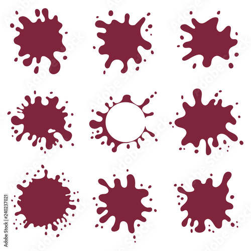 Red wine, juice stains. Traces wine, juice splashes set. Vector