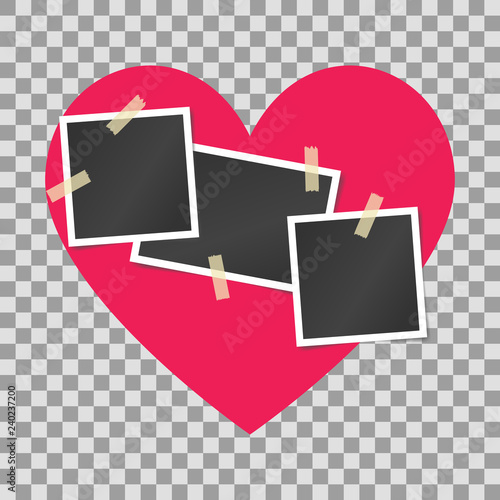 Blank realistic vintage photo frames sticked on duct tape on pink heart background. Mockups for romantic design. Vector illustration