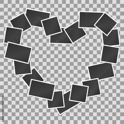 Blank realistic vintage photo frames in heart shape background. Mockups for romantic design. Vector illustration