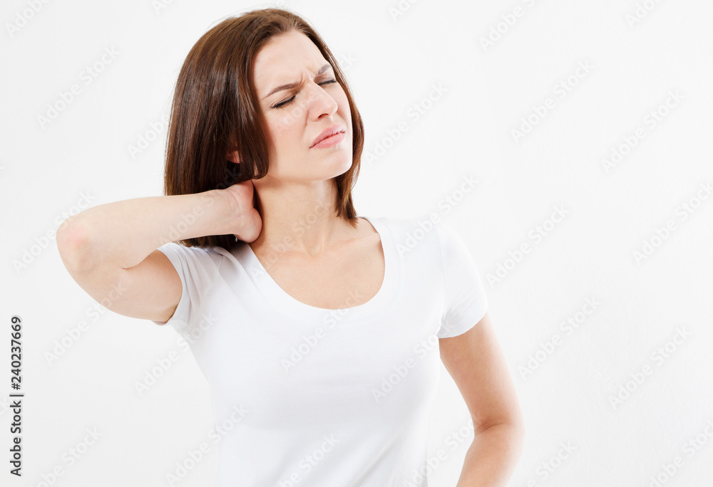 Young brunette woman feeling exhausted and suffering from neck pain on white background, Health concept. Young brunette woman feeling exhausted and suffering from neck pain on white background, Health concept.