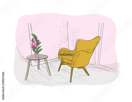 vector interior design illustration. home house decor decoration. furniture living room lounge.  armchair table coffee lamp cushion vase. modern contemporary designer trendy style. trend. 