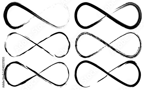 Infinity symbol set. Eternal, limitless emblem. Black Grunge ribbon silhouette. Modern grunge brush stroke. Cycle, endless concept. Graphic design element for card, logo, tattoo. Vector illustration