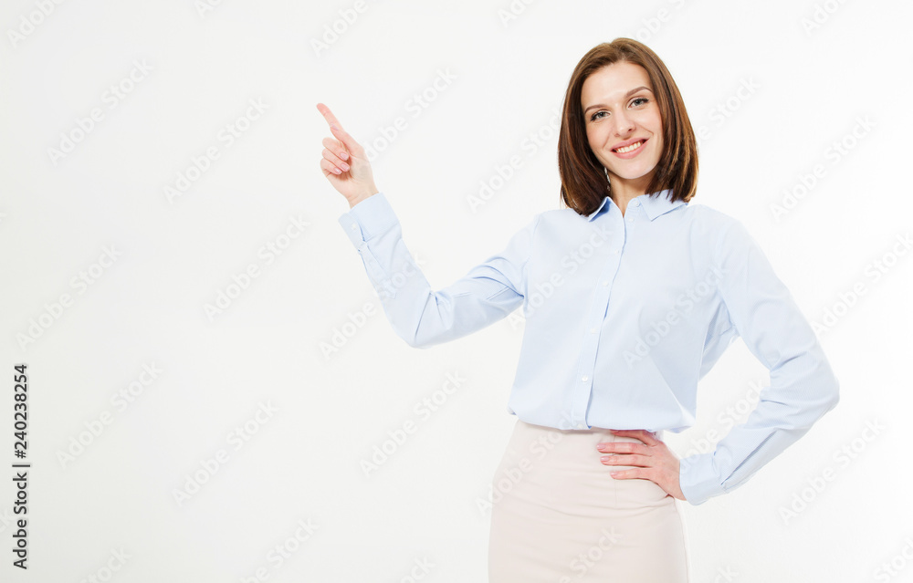 sexy smile brunette woman pointing finger on white background sexy smile brunette woman pointing finger on white background