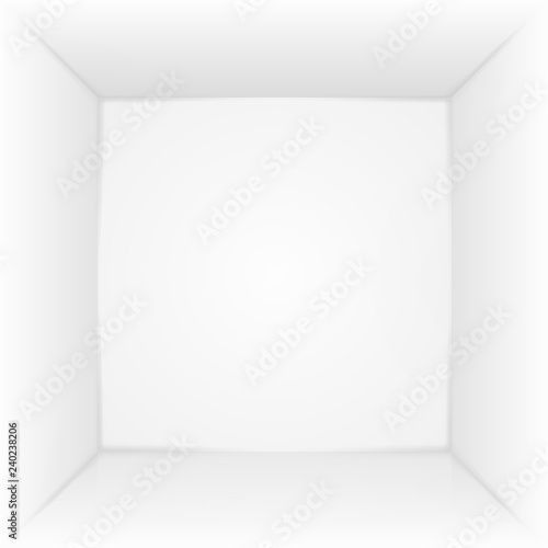 Abstract white empty room, niche with white wall, floor, ceiling, dark side without any textures, box top view colorless 3d illustration