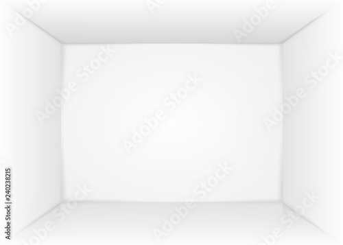 Abstract white empty room, niche with white wall, floor, ceiling, dark side without any textures, box top view colorless 3d illustration
