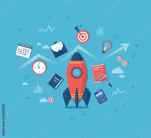 Business project startup, financial planning, idea, strategy, management, realization and success. Rocket launch with business plan, hourglass, target, money, calendar, calculator, notebook. Vector