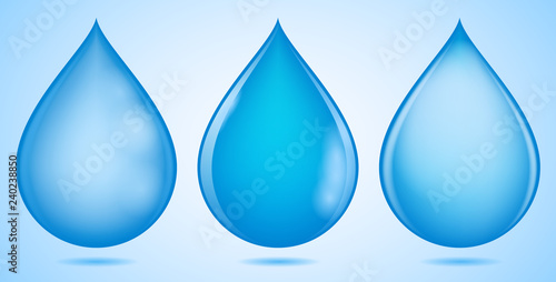 Set of glowing water drops isolated on blue and white background. Vector illustration